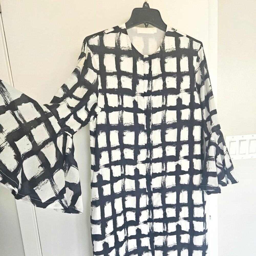 New W Tags Kaelen Black & White Silk Cotton Blend Dress W Bell Sleeve, Small